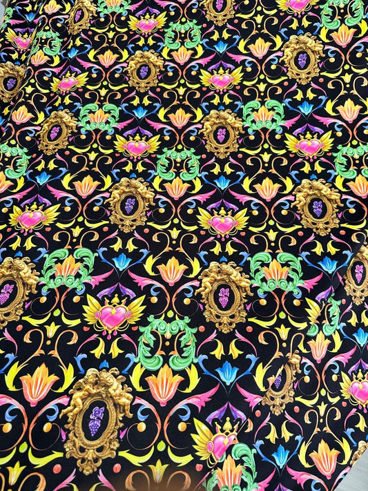 Vibrant Black Pattern Baroque Floral Heart Fabric – Multiple Fabric Options, Sold by Metre