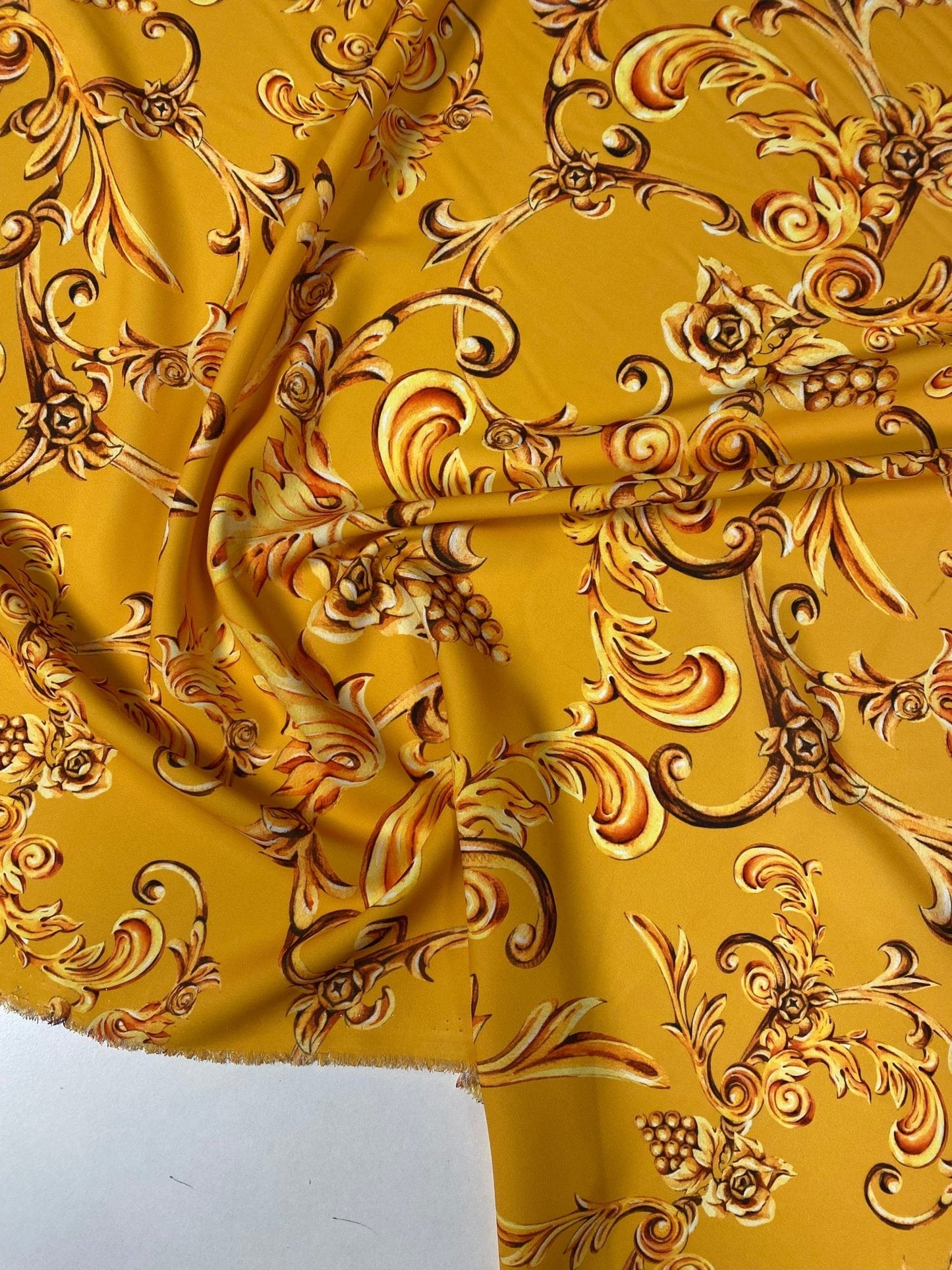 Luxury Baroque Floral Crepe Fabric by the Metre – Golden Yellow