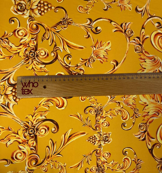 Luxury Baroque Floral Crepe Fabric by the Metre – Golden Yellow