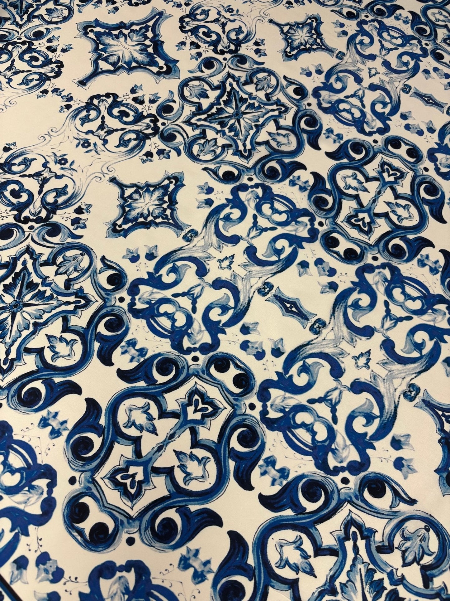 Luxury Blue & White Satin Fabric by the Metre – Baroque Tile Print