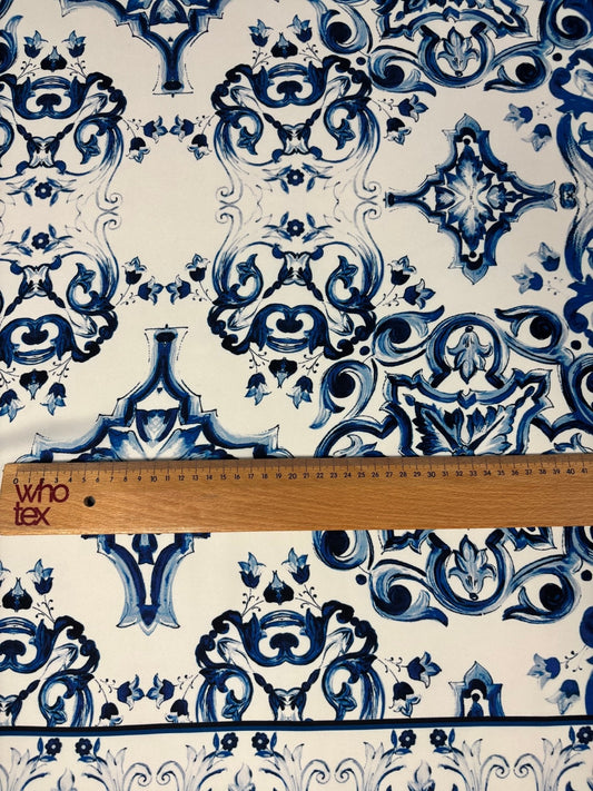 Luxury Blue & White Satin Fabric by the Metre – Baroque Tile Print