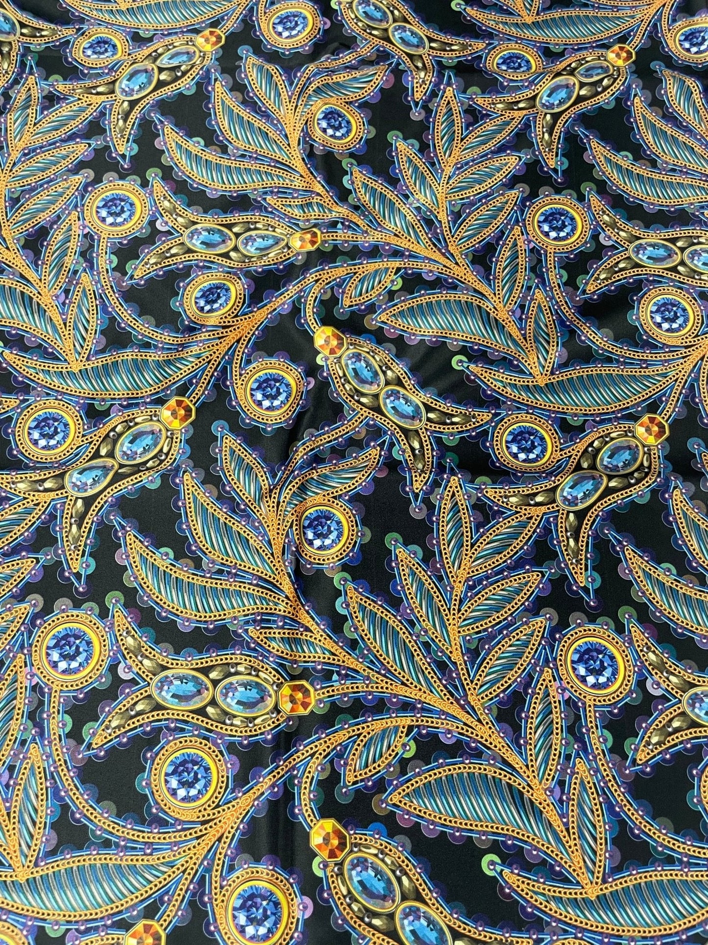 Luxury Peacock Feather Fabric with Jewel Accents