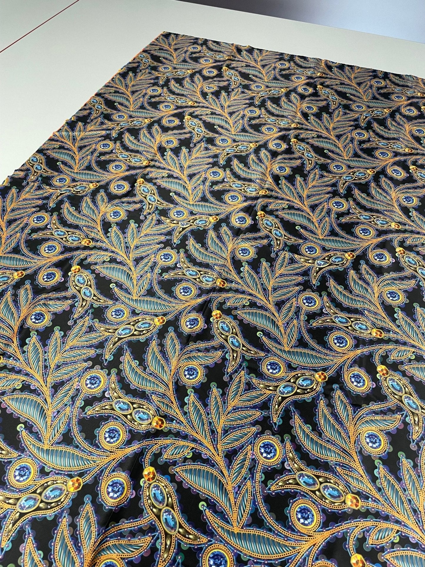 Luxury Peacock Feather Fabric with Jewel Accents