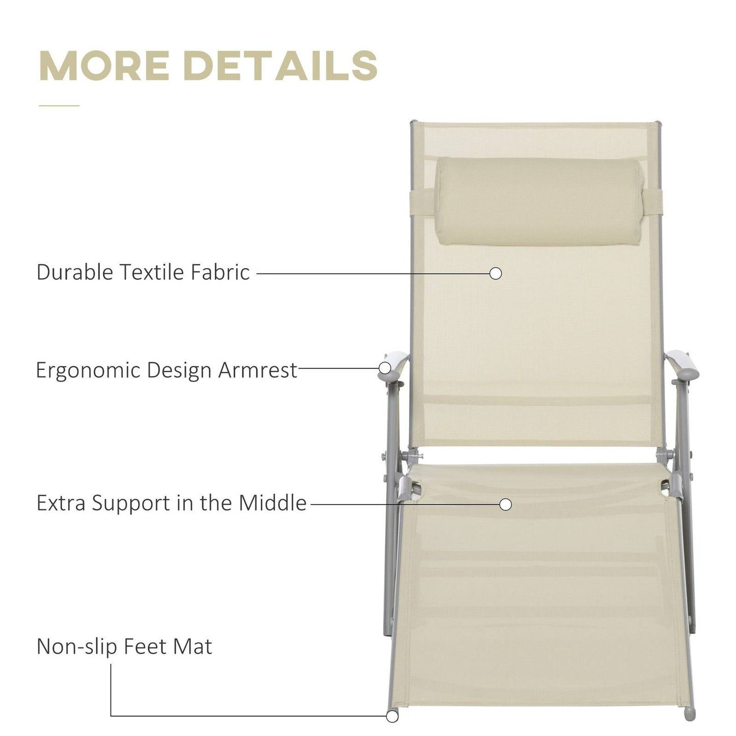 Steel Fabric Sun Lounger Outdoor Texteline Folding Chaise Lounge Chair Recliner with Portable Design & 7 Adjustable Backrest Positions - Beige