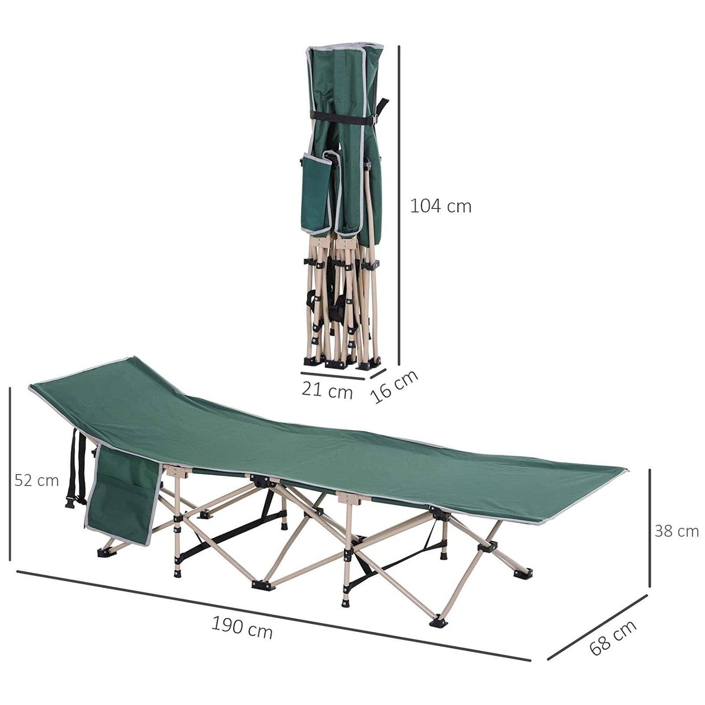 Single Person Camping Bed Folding Cot Outdoor Patio Portable Military Sleeping Bed Travel Guest Leisure Fishing with Side Pocket and Carry Bag - Green