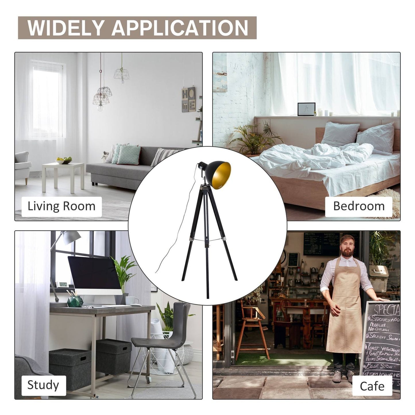 Industrial Floor Lamp for Living Room Tripod Spotlight Reading Lamp w/Wood Legs Metal Shade Adjustable Height Angle for Bedroom Home Office Black and Gold