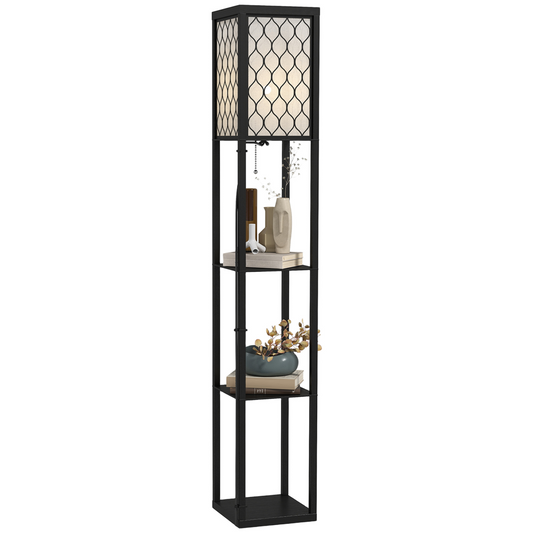 HOMCOM Modern Floor Lamp Light with 3 Shelves Fabric Lampshade Black