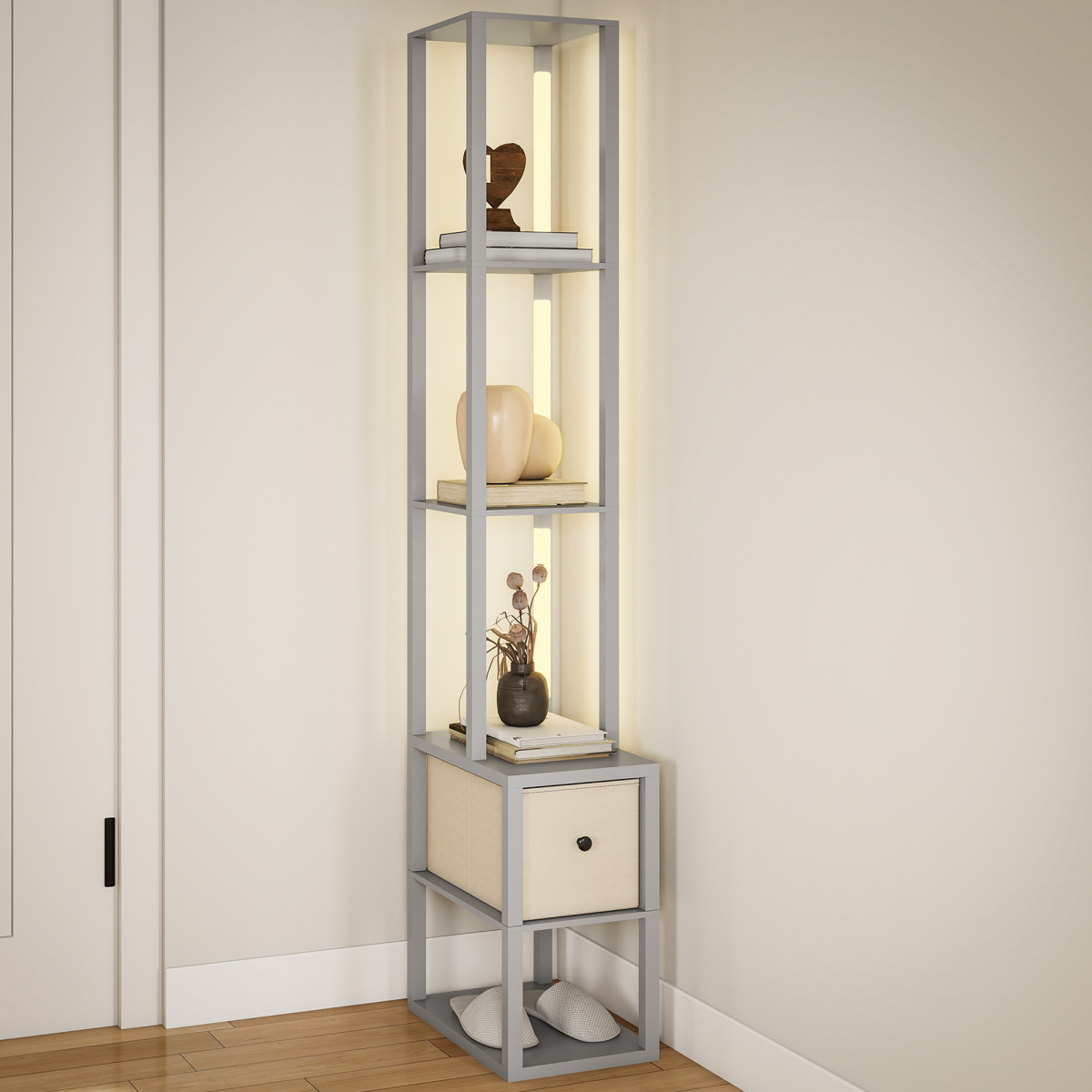 HOMCOM Floor Lamp with Shelves, LED Standing Lamp with Fabric Drawer