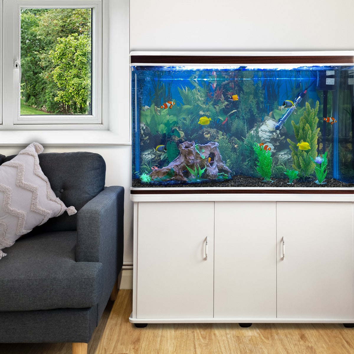 Aquarium Fish Tank & Cabinet with Complete Starter Kit - White Tank & Black Gravel