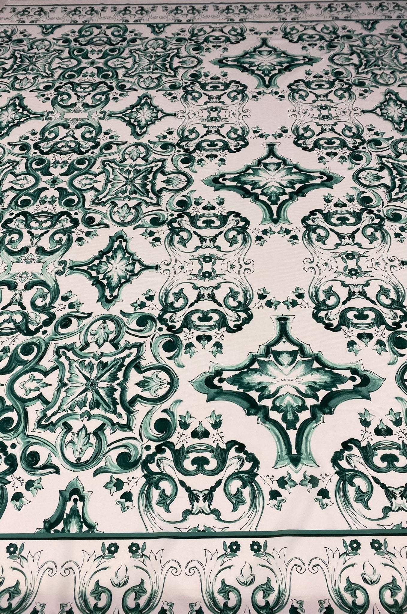 Majolica Pattern Green and White Fabric – Custom Printed Fabric on Satin, Crepe, Spandex or Chiffon
