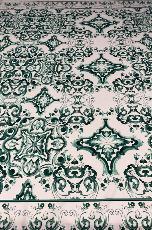Majolica Pattern Green and White Fabric – Custom Printed Fabric on Satin, Crepe, Spandex or Chiffon