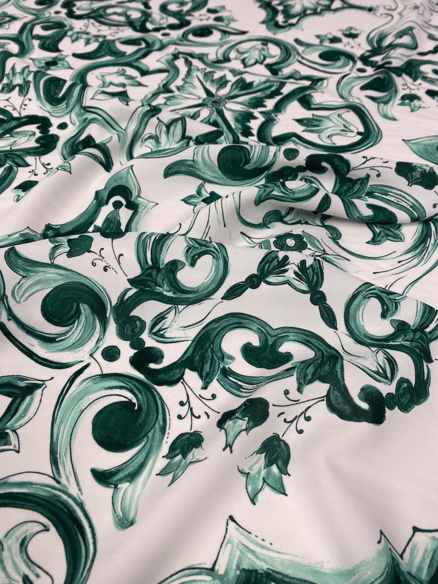 Majolica Pattern Green and White Fabric – Custom Printed Fabric on Satin, Crepe, Spandex or Chiffon
