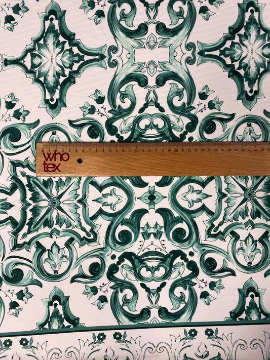 Majolica Pattern Green and White Fabric – Custom Printed Fabric on Satin, Crepe, Spandex or Chiffon