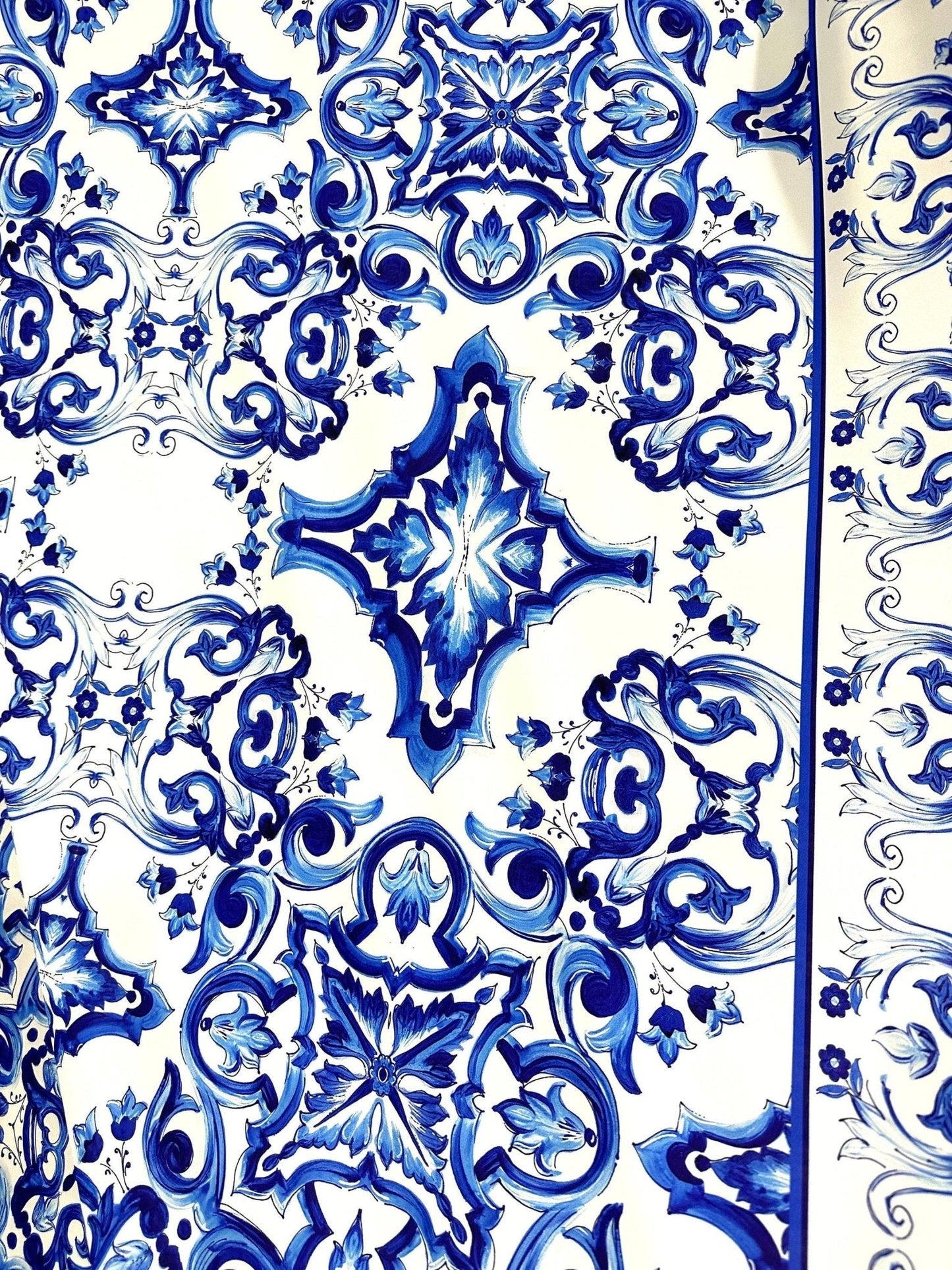 Blue and White Majolica Tile Print Fabric