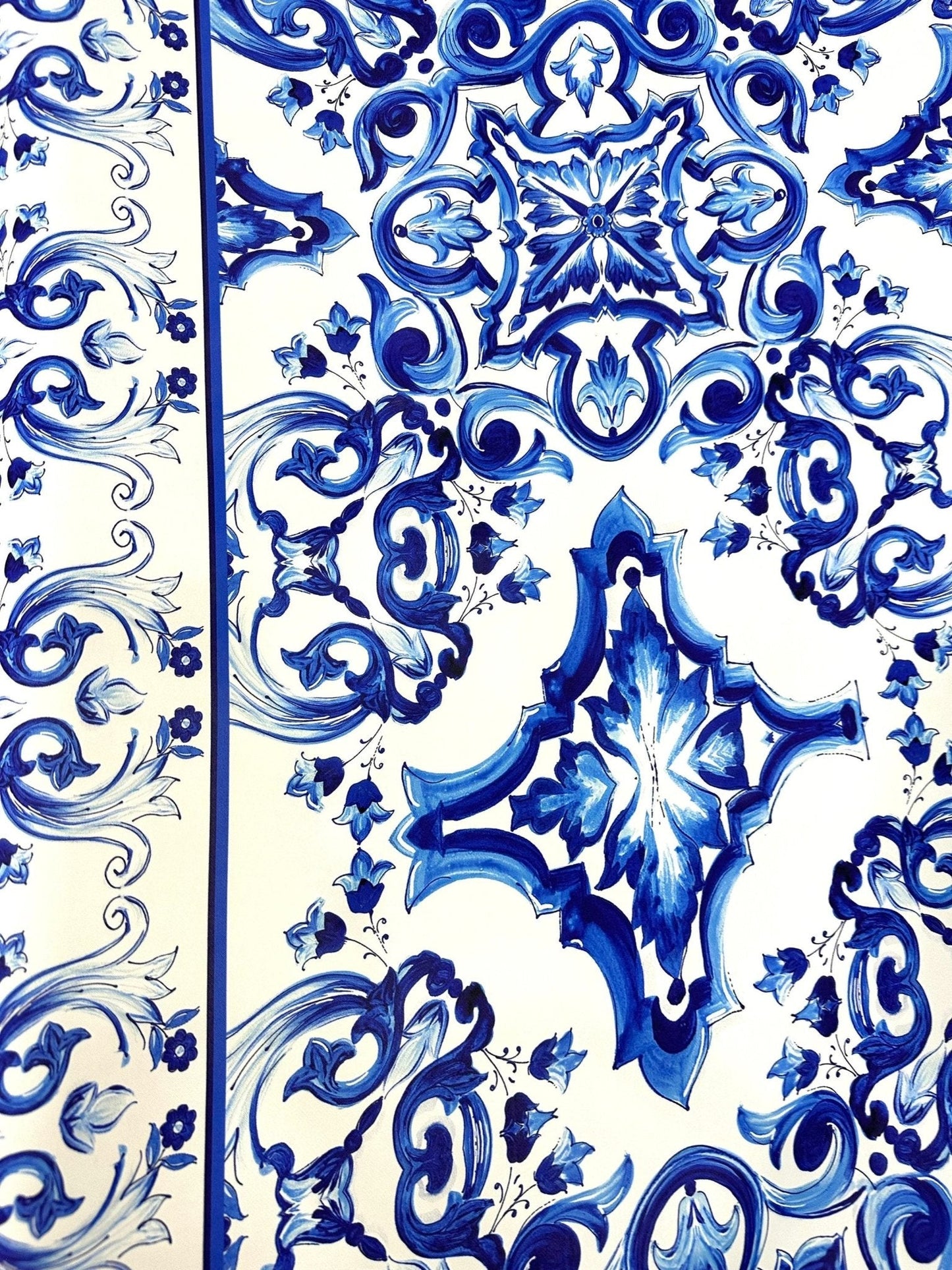 Blue and White Majolica Tile Print Fabric