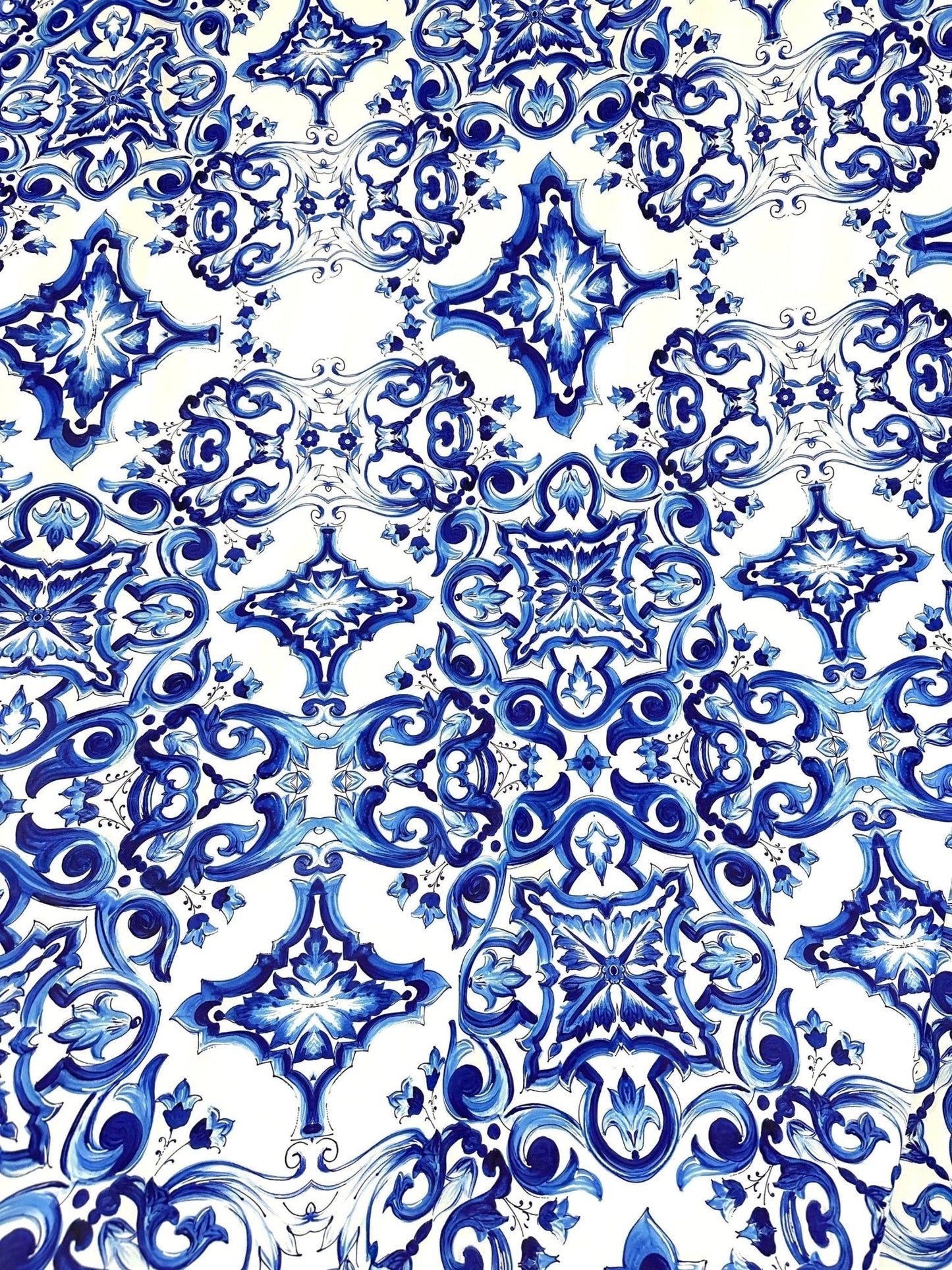 Blue and White Majolica Tile Print Fabric