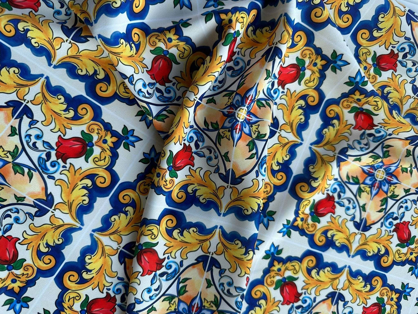 Majolica Pattern Fabric – Custom Printed Fabric on Satin, Crepe, Spandex or Chiffon