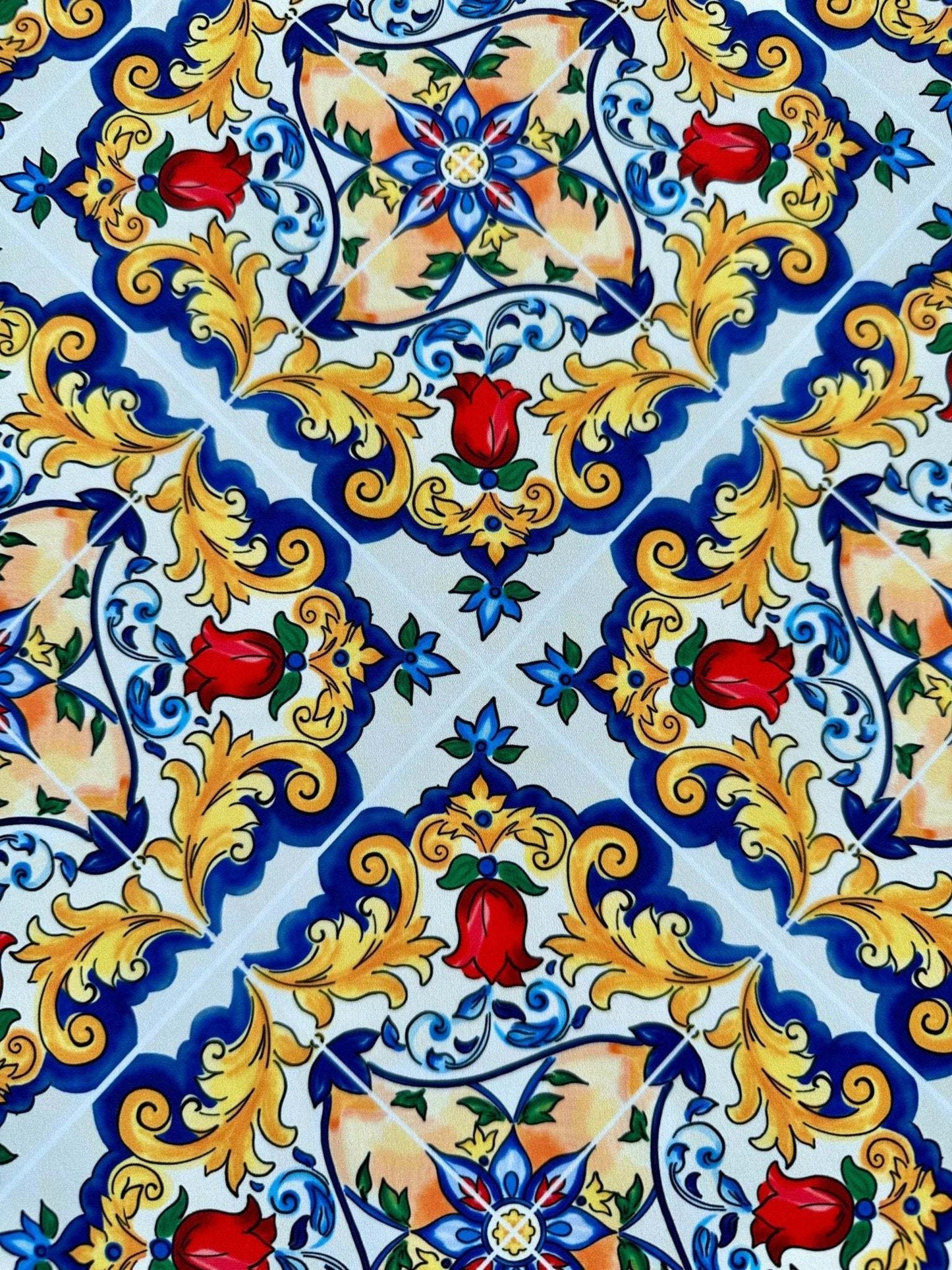Majolica Pattern Fabric – Custom Printed Fabric on Satin, Crepe, Spandex or Chiffon