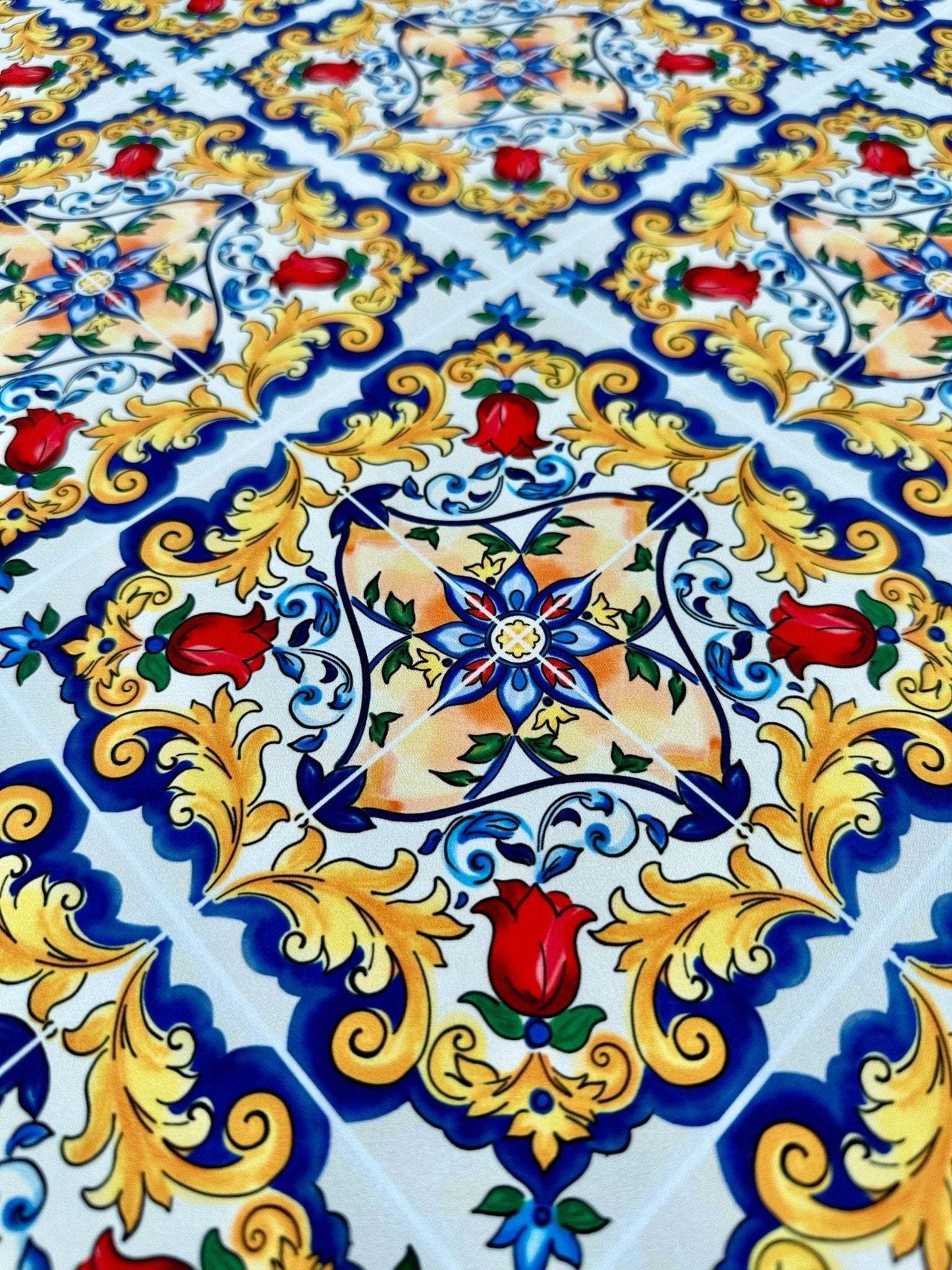 Majolica Pattern Fabric – Custom Printed Fabric on Satin, Crepe, Spandex or Chiffon
