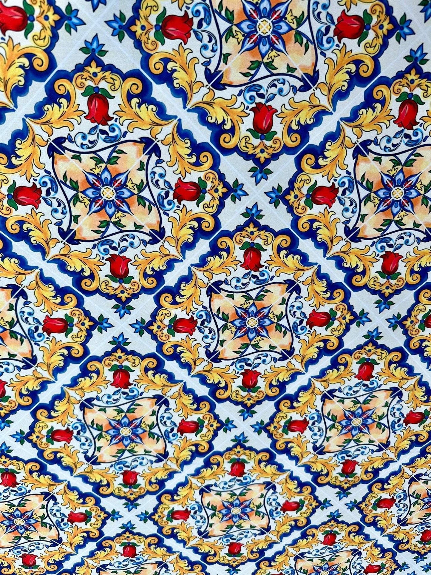 Majolica Pattern Fabric – Custom Printed Fabric on Satin, Crepe, Spandex or Chiffon