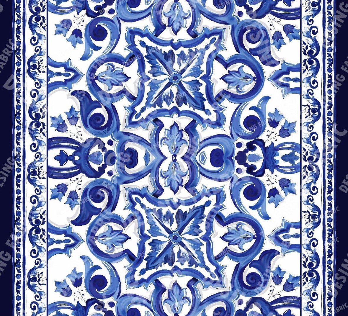Blue and White Baroque Floral Print Fabric