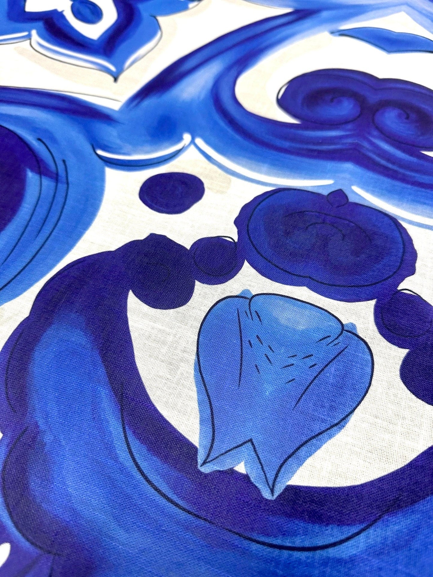 Blue and White Baroque Floral Print Fabric