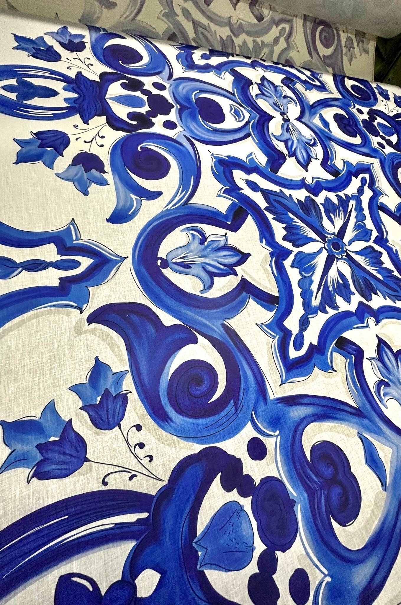 Blue and White Baroque Floral Print Fabric