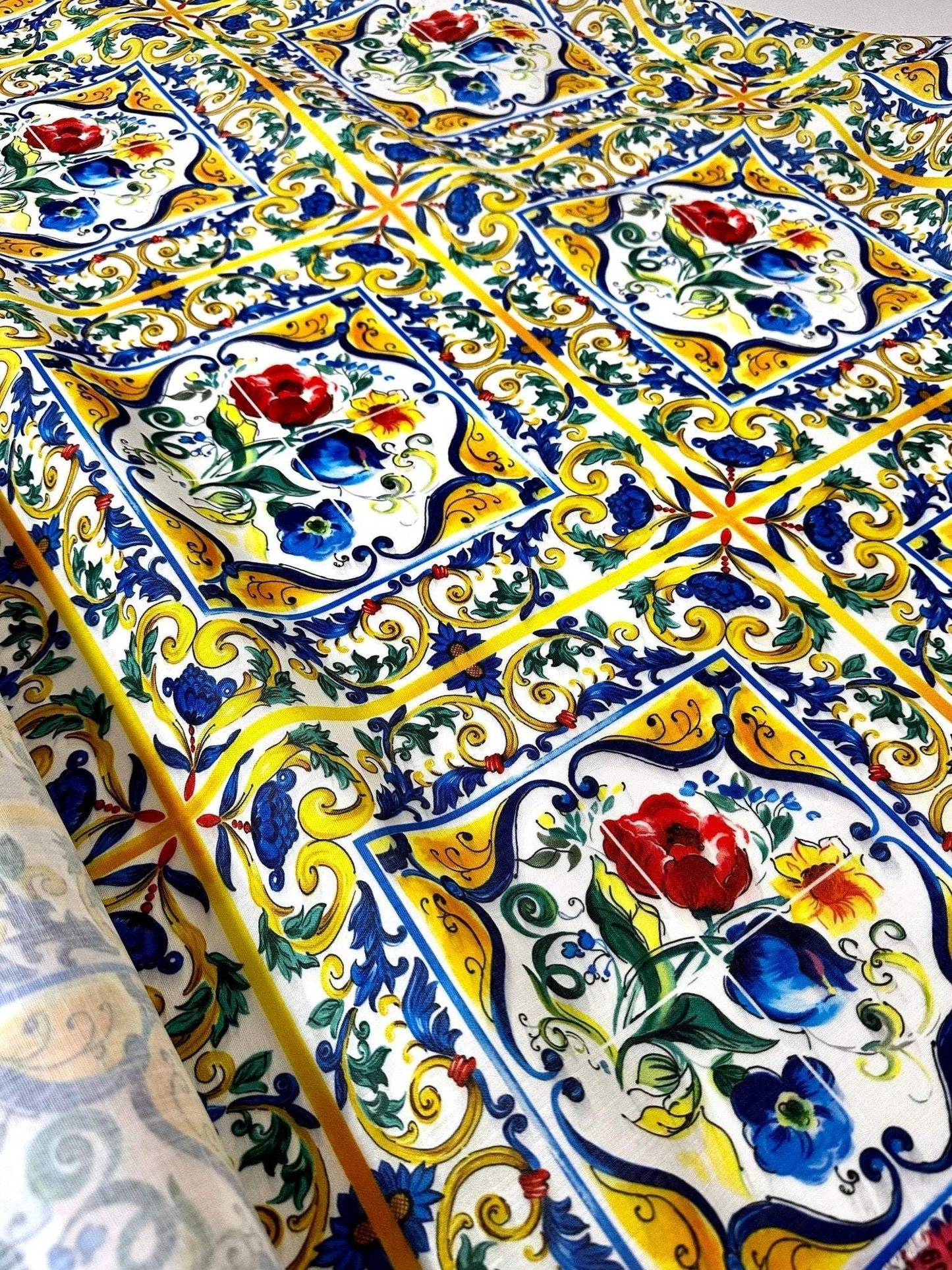Blue and Yellow Floral Majolica Pattern Fabric – Multiple Fabric Options, Sold by Metre