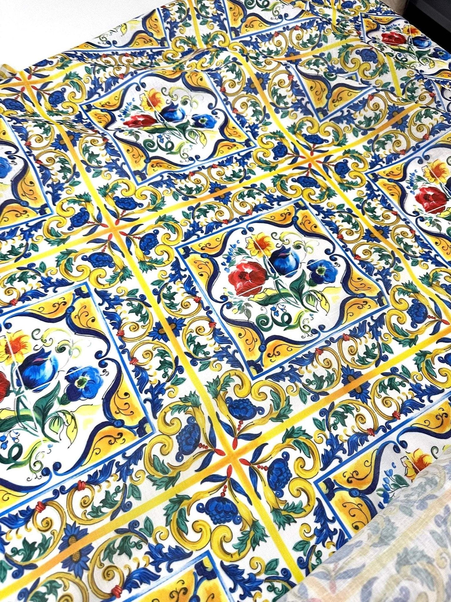 Blue and Yellow Floral Majolica Pattern Fabric – Multiple Fabric Options, Sold by Metre