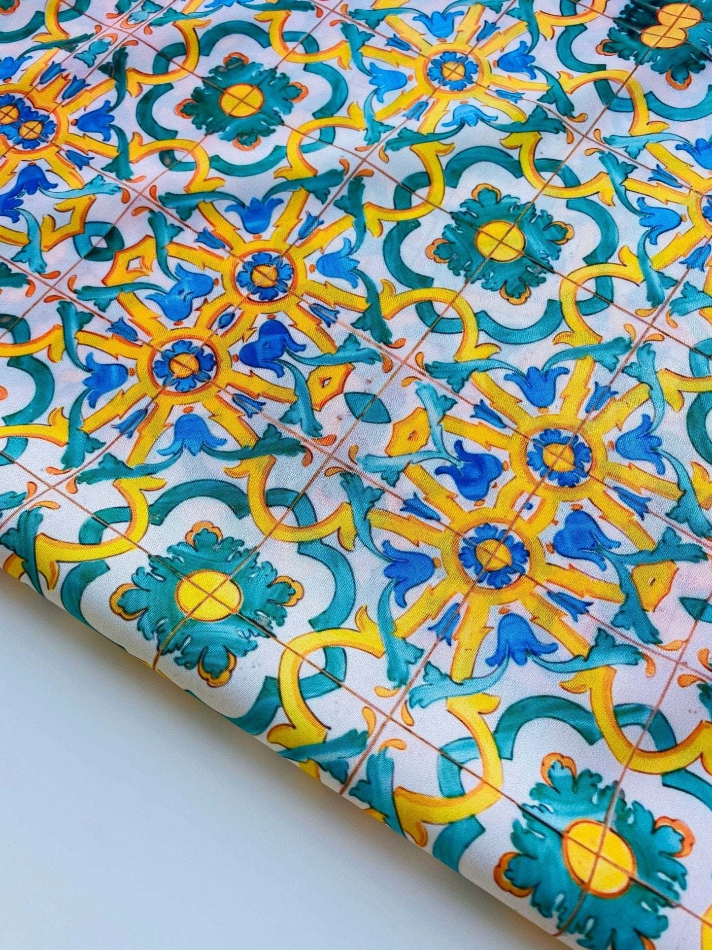 Yellow, Blue & Green Pattern Mediterranean Tile Print Fabric – Available in Satin, Crepe, Spandex & Chiffon | By Metre