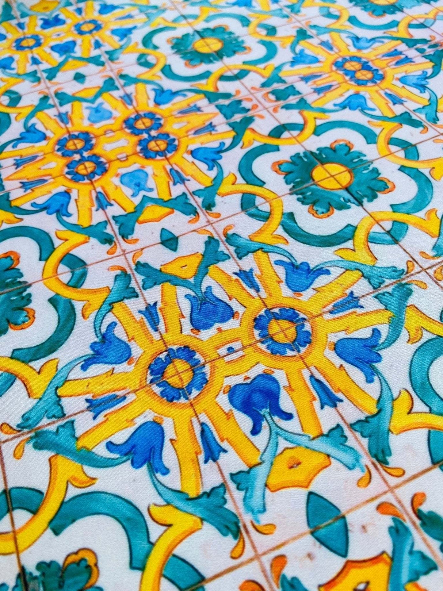 Yellow, Blue & Green Pattern Mediterranean Tile Print Fabric – Available in Satin, Crepe, Spandex & Chiffon | By Metre