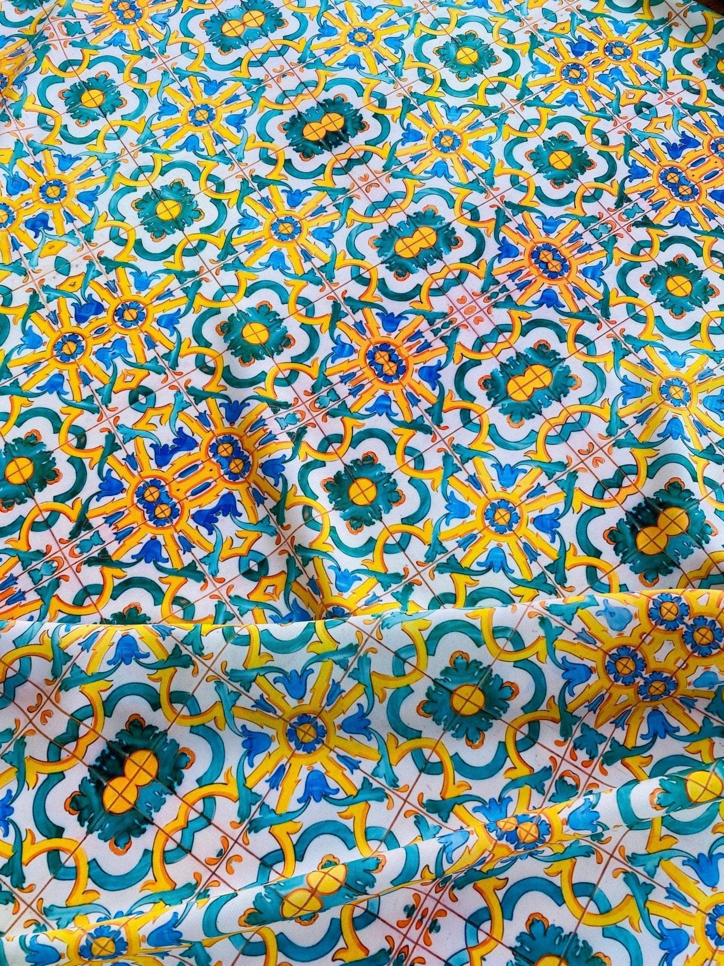 Yellow, Blue & Green Pattern Mediterranean Tile Print Fabric – Available in Satin, Crepe, Spandex & Chiffon | By Metre