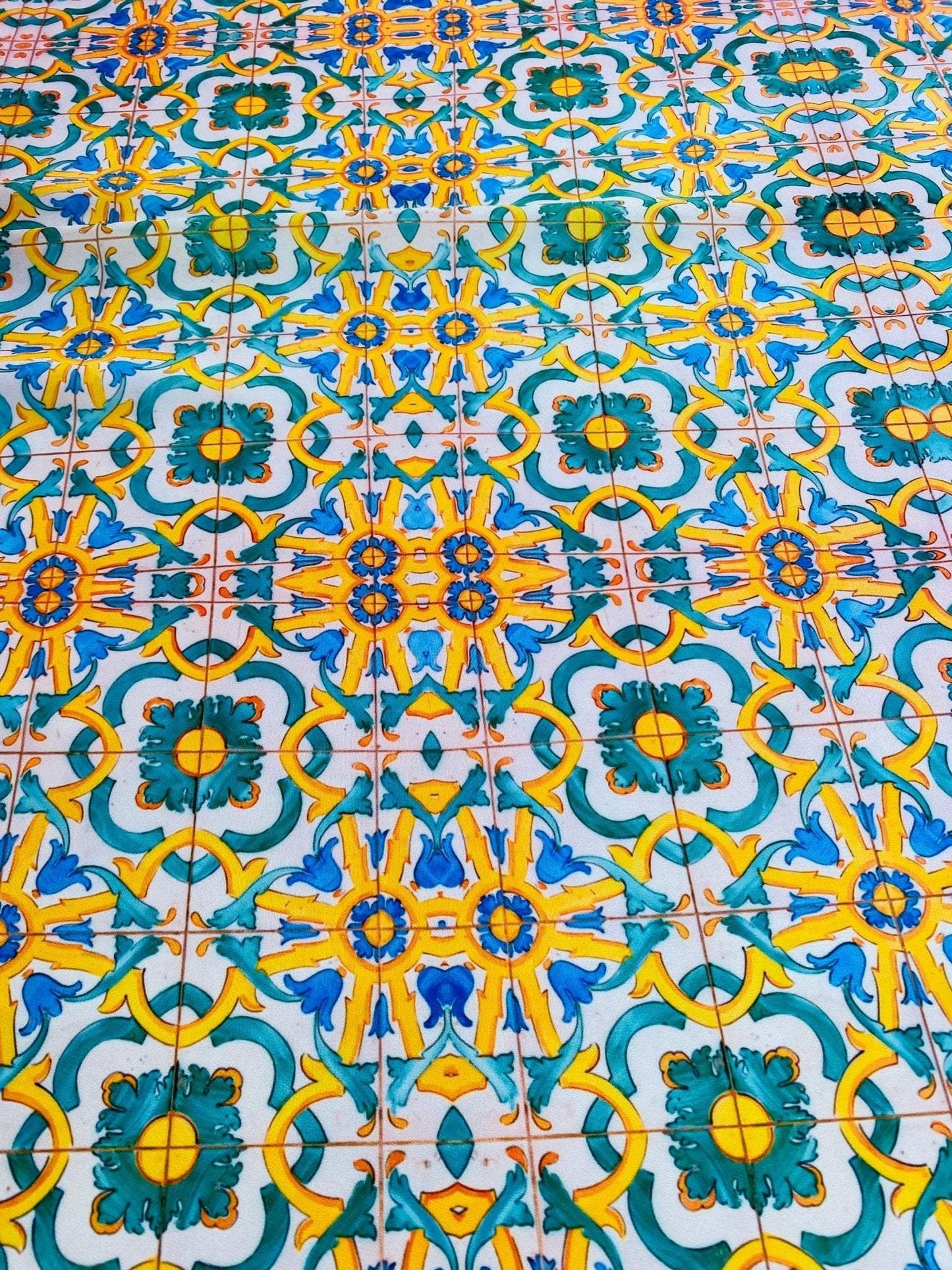 Yellow, Blue & Green Pattern Mediterranean Tile Print Fabric – Available in Satin, Crepe, Spandex & Chiffon | By Metre