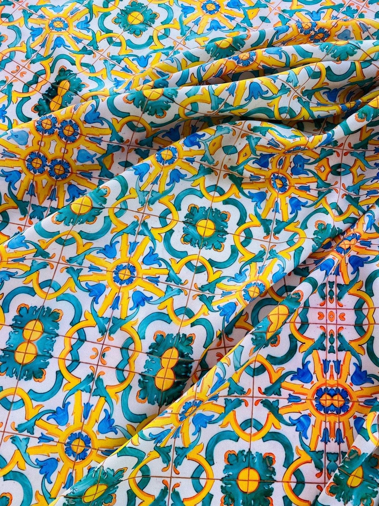 Yellow, Blue & Green Pattern Mediterranean Tile Print Fabric – Available in Satin, Crepe, Spandex & Chiffon | By Metre
