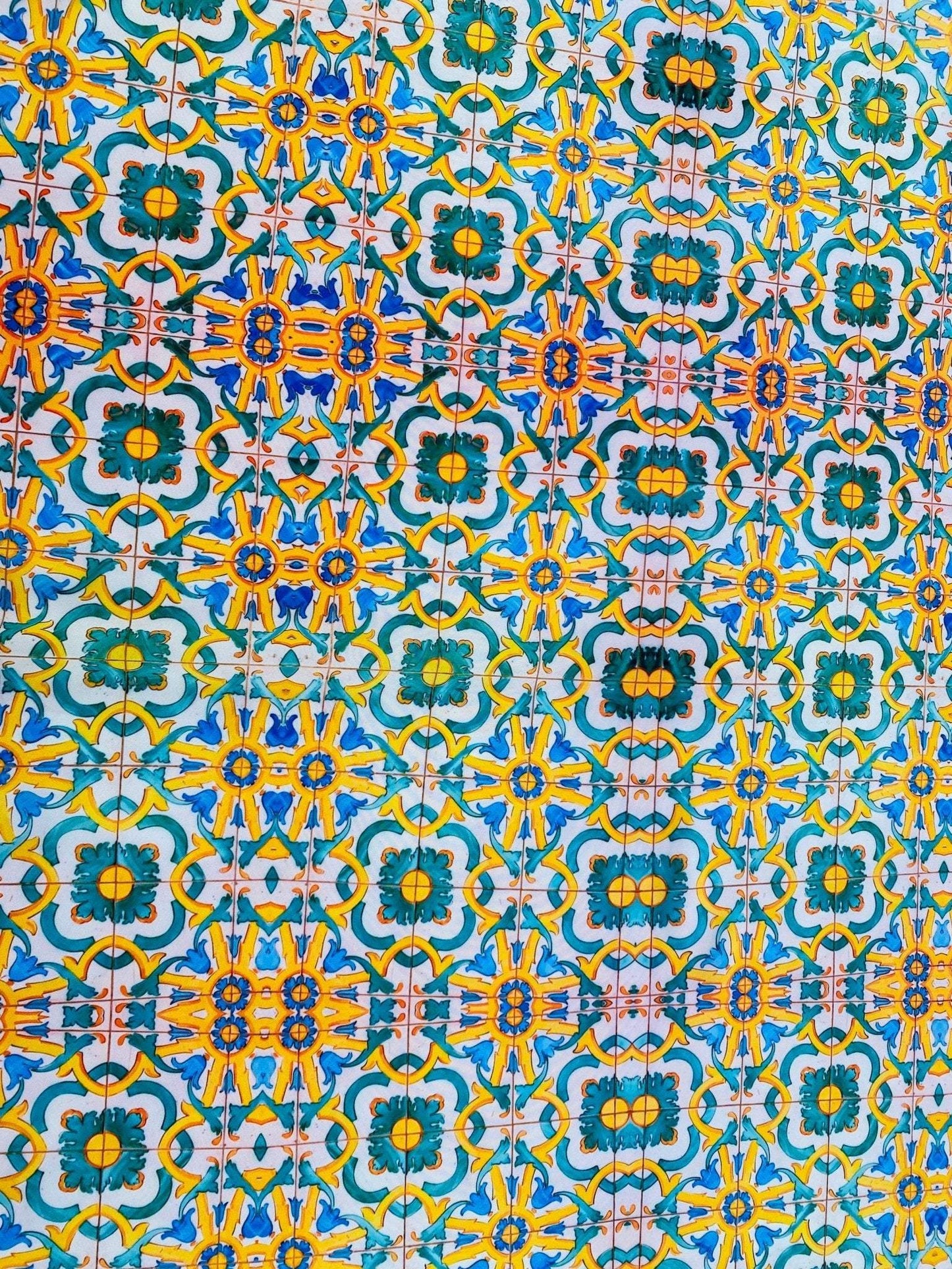 Yellow, Blue & Green Pattern Mediterranean Tile Print Fabric – Available in Satin, Crepe, Spandex & Chiffon | By Metre