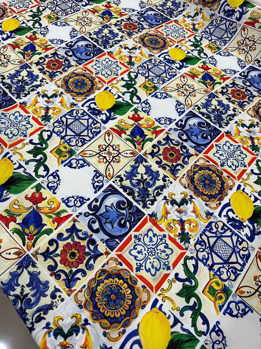 Majolica Pattern Fabric – Available in Satin, Crepe, Spandex & Chiffon | By Metre