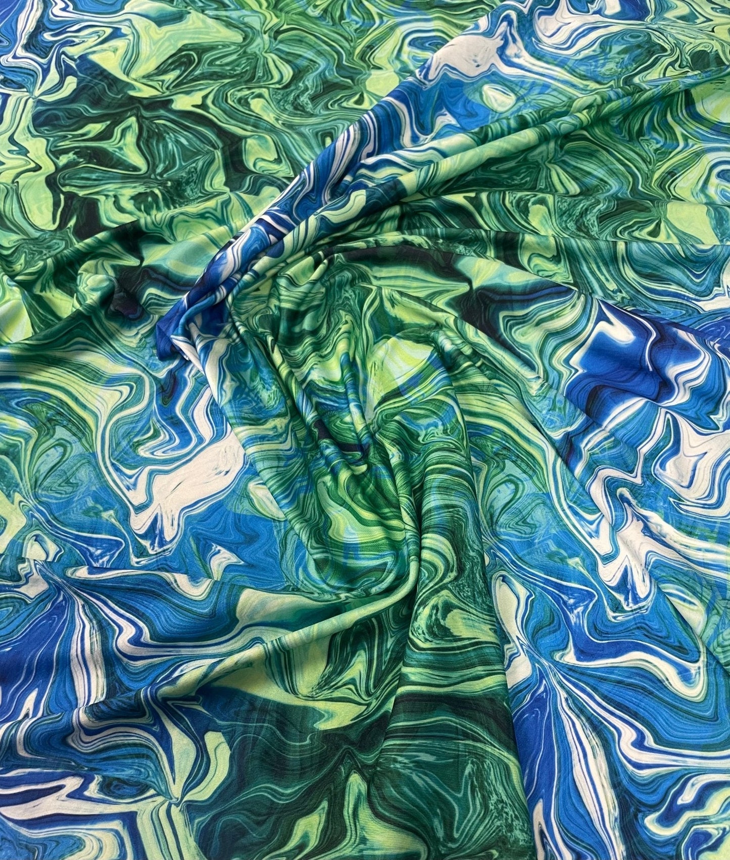 Marble Effect Spandex Fabric by the Metre – Blue Green Print