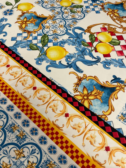 Mediterranean Lemon & Tile Print Crepe Fabric by the Metre – Dressmaking