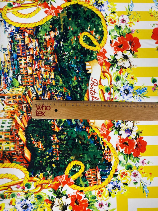Mediterranean Print Crepe Fabric by the Metre – Yellow Stripes Floral
