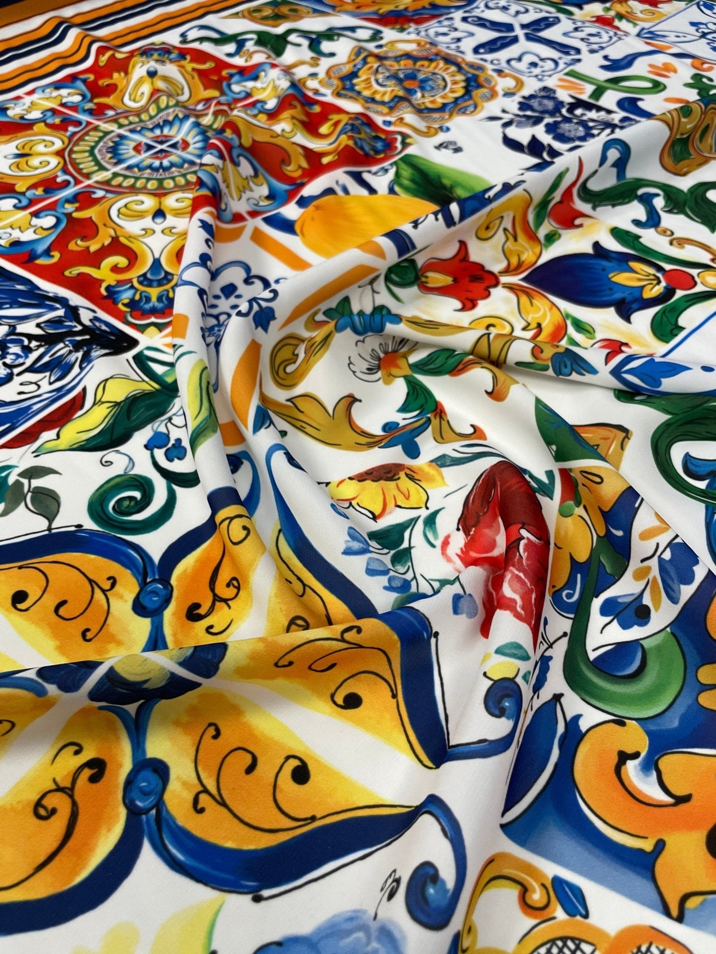 Mediterranean Tile & Lemon Print Crepe Fabric by the Metre – Dressmaking