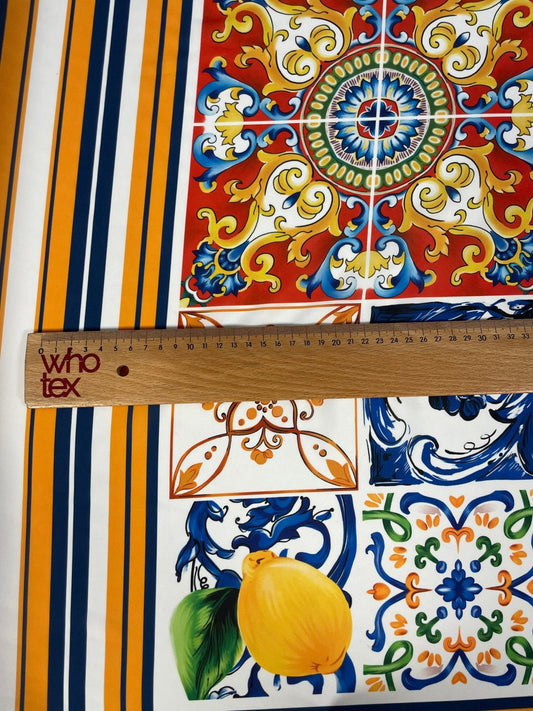 Mediterranean Tile & Lemon Print Crepe Fabric by the Metre – Dressmaking
