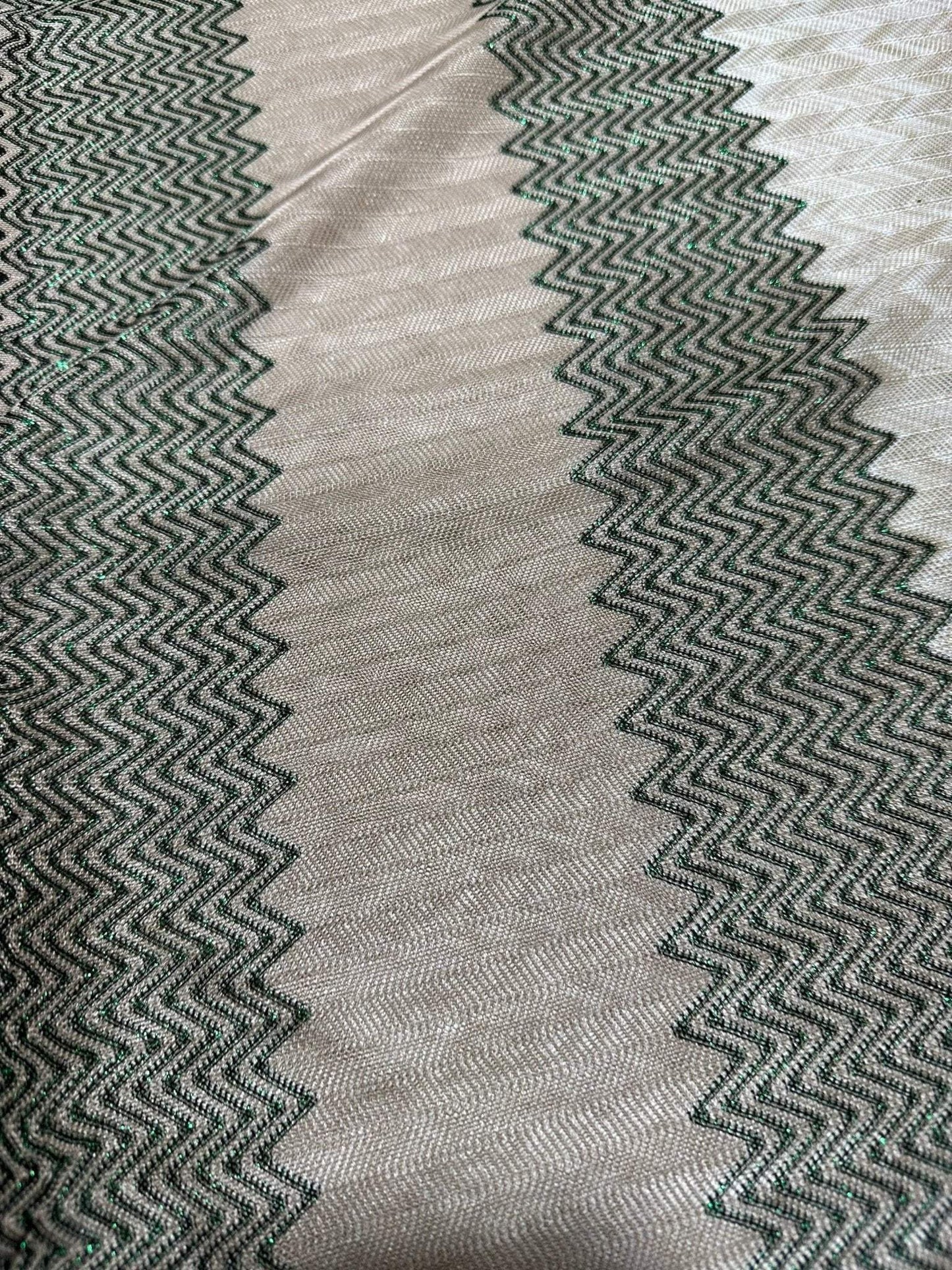 Gray Zigzag Knit Jersey Fabric with Green Glitter Breathable Mesh Material