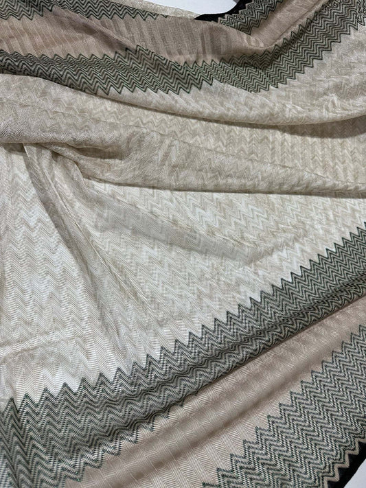 Gray Zigzag Knit Jersey Fabric with Green Glitter Breathable Mesh Material