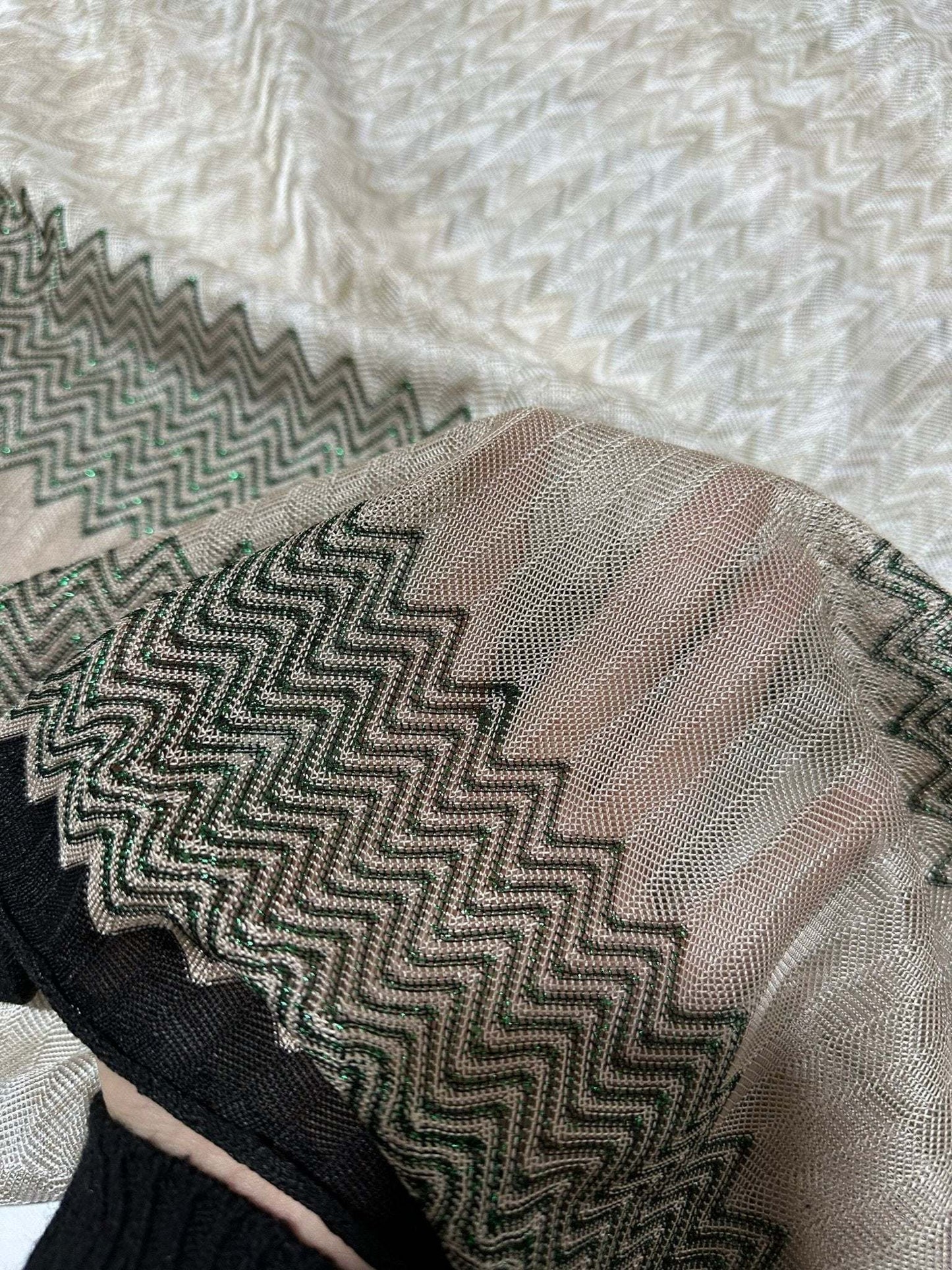 Gray Zigzag Knit Jersey Fabric with Green Glitter Breathable Mesh Material