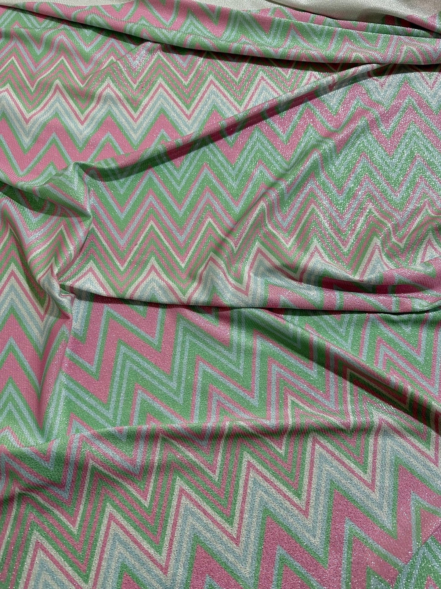 Green and Pink Zigzag Knit Lurex Fabric - Stylish Lightweight Material