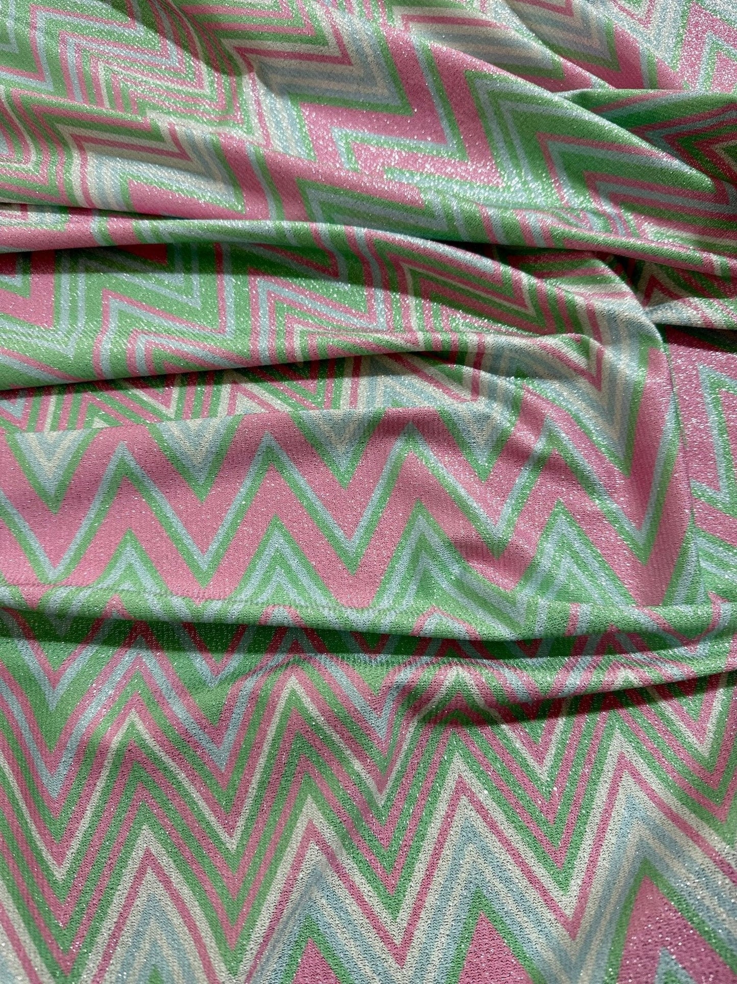 Green and Pink Zigzag Knit Lurex Fabric - Stylish Lightweight Material