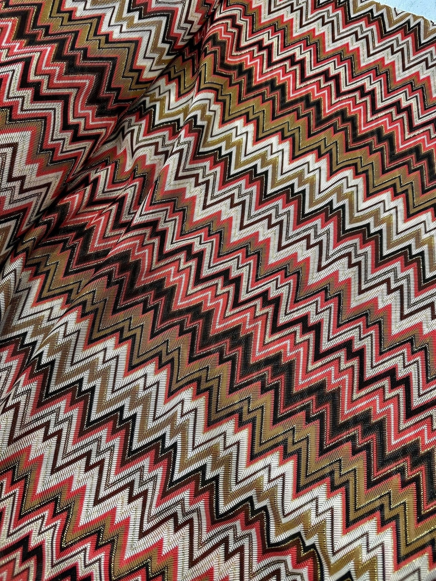 Coral Zigzag Knit Jersey Fabric Luxury Mesh Italian Design