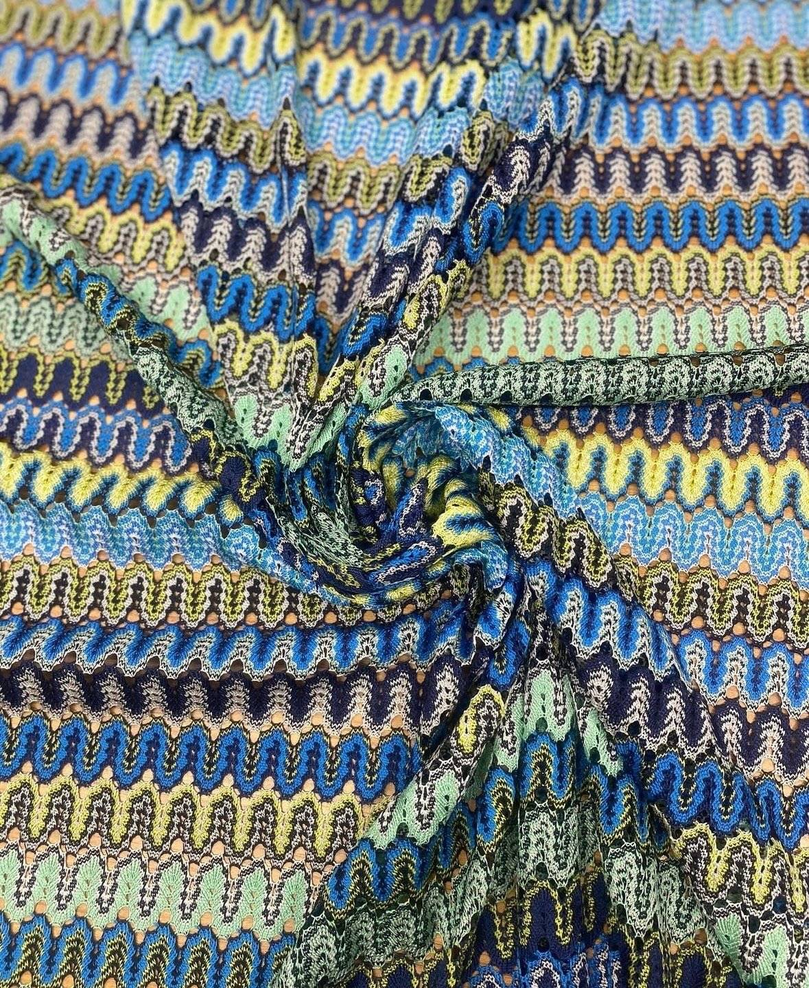 Zigzag Pattern Mesh Fabric in Yellow and Blue for Crafting and Fashion