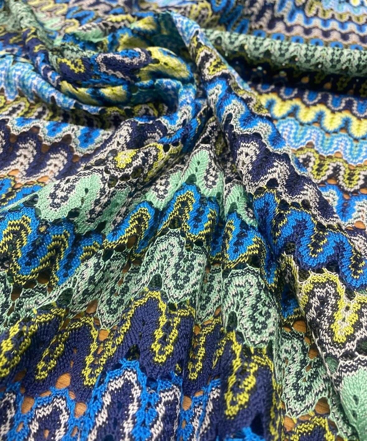 Zigzag Pattern Mesh Fabric in Yellow and Blue for Crafting and Fashion