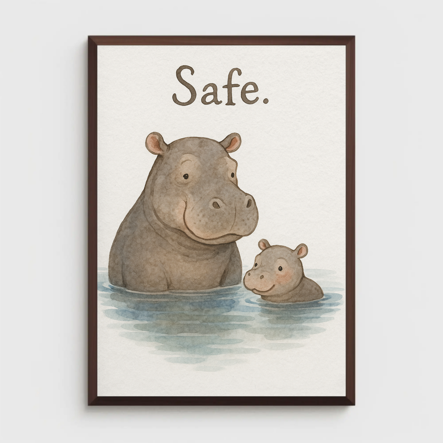 Safe Hippo Family Watercolour Nursery Children's Room Wall Decor Print